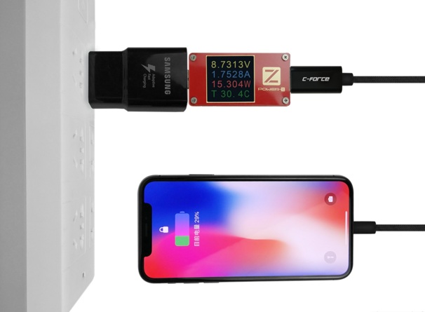 QC快充线及三星适配器((同时支持QC及AFC))给iPhone X进行充电